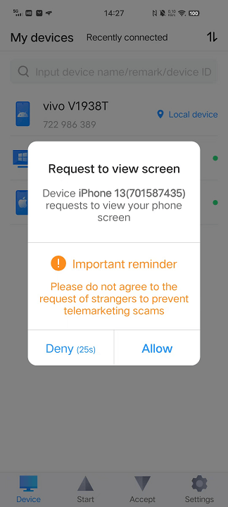 Request to View Android Screen from iOS
