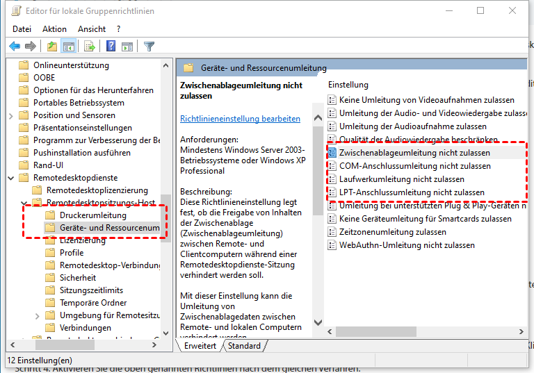 In Windows 10 RDP Zwischenablage deaktivieren