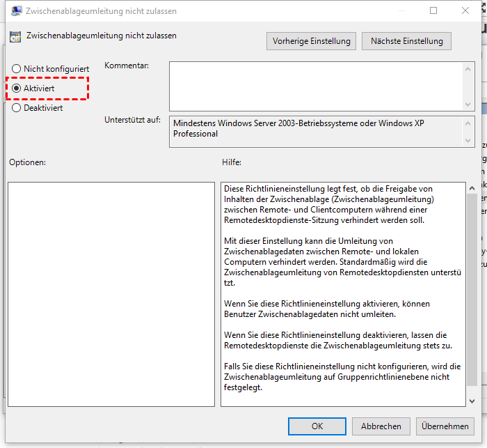 In Windows 10 RDP Zwischenablage deaktivieren