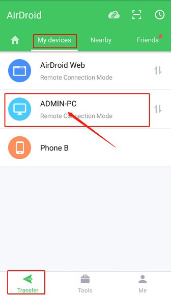 Airdroid Select Device in App