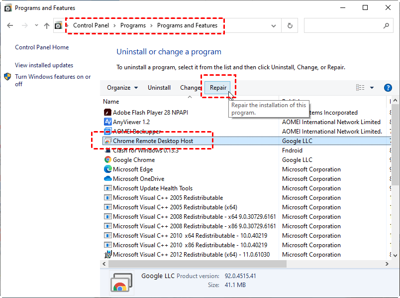 Repair Chrome Remote Desktop Host