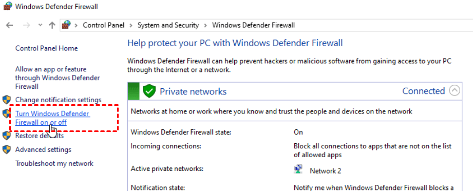 Turn Windows Defender Firewall on or Off