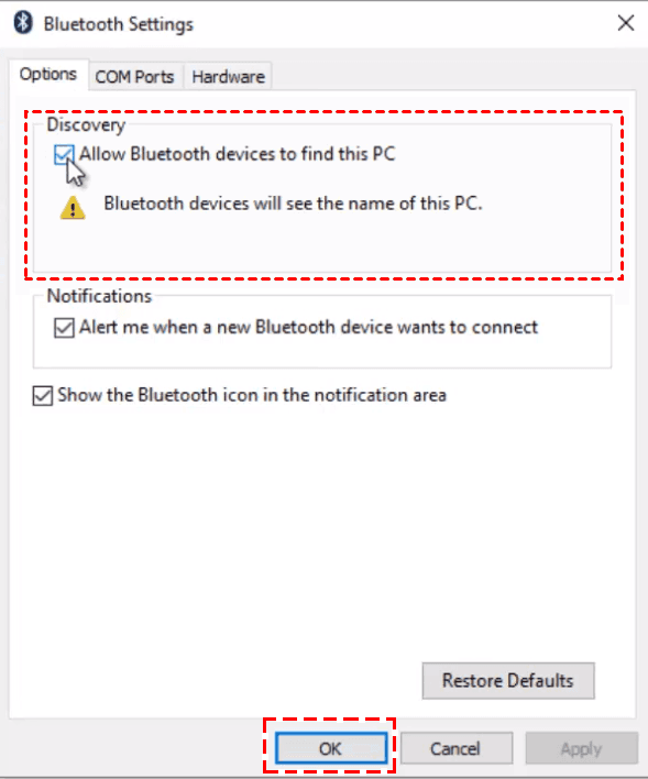 allow bluetooth devices to find this computer