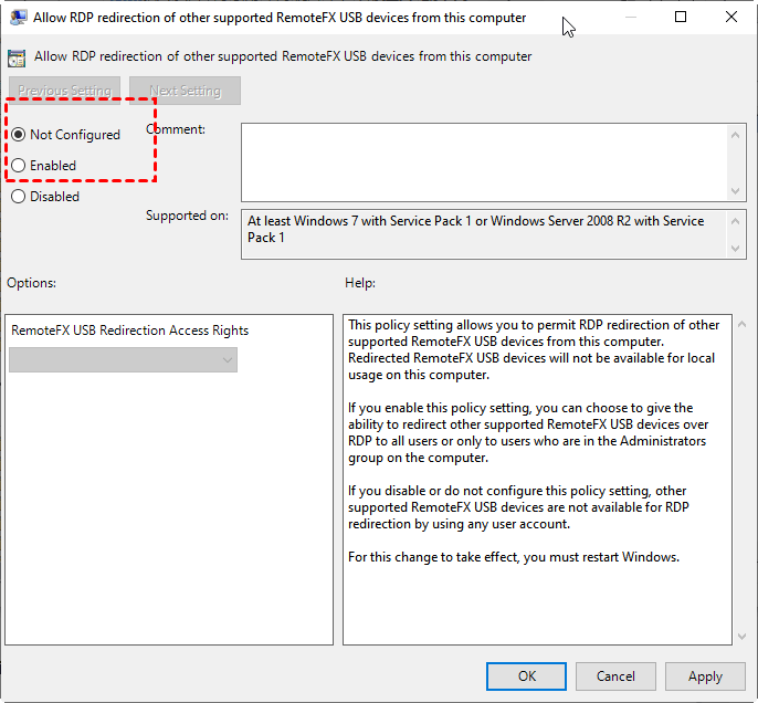 Allow RDP Redirection Setting