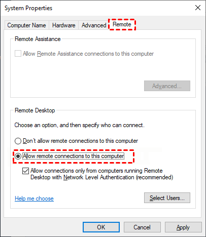 Allow Remote Connections to this Computer