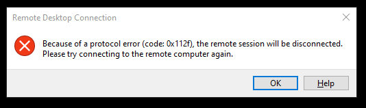 Обнаружена ошибка протокола на клиентском компьютере код 0x2104 сессия будет отключена