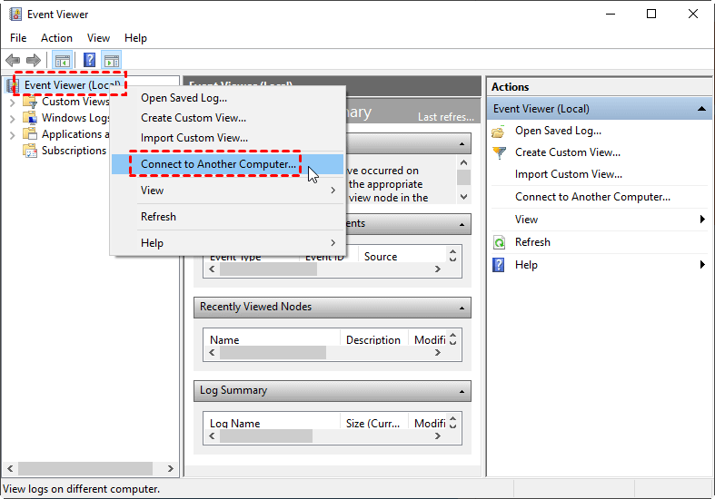 Connect to Another Computer Event Viewer