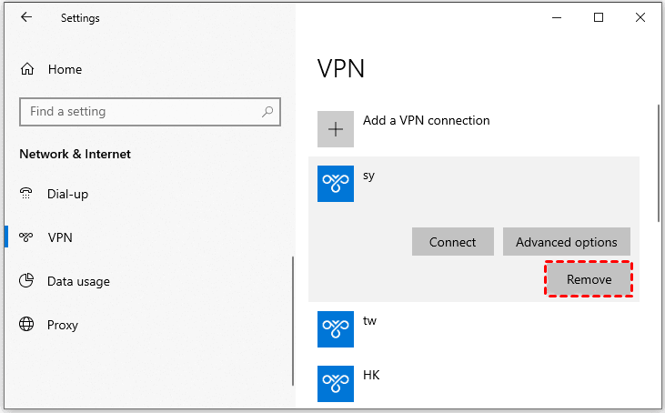 Disable VPN in the Windows Settings