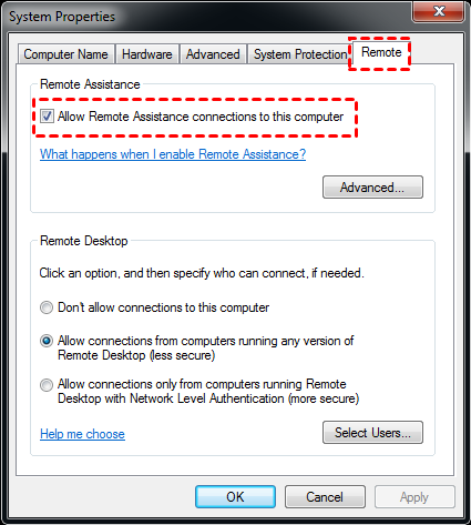 Allow Remote Assistance Win 7