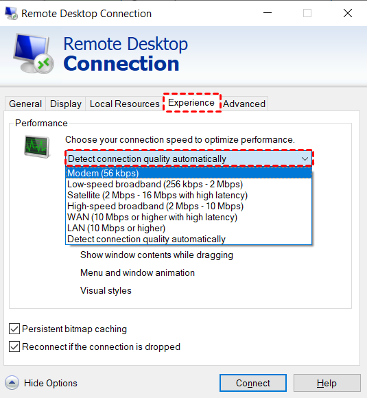 Choose RDP Connection Speed
