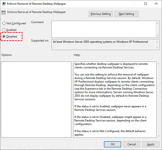 Disable Enforce Removal of Remote Desktop Wallpaper 