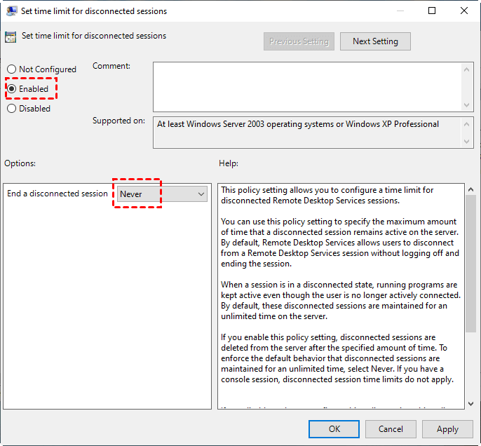 Set Time Limit for Disconnected Sessions