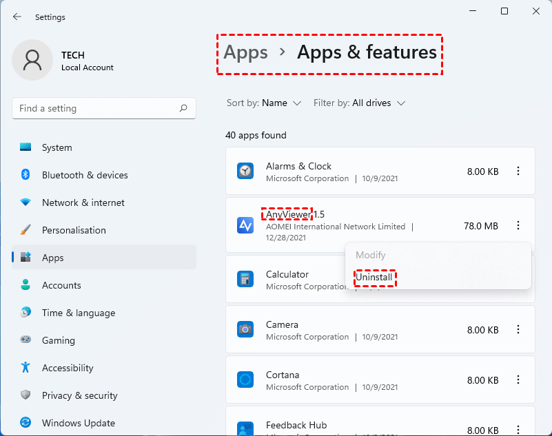 Uninstall AnyViewer from App