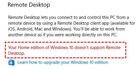 Windows 10의 홈 에디션은 원격 데스크탑을 지원하지 않습니다